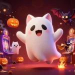 Experience the excitement of 88M with a ghostly cat and bat in a vibrant haunted casino scene.