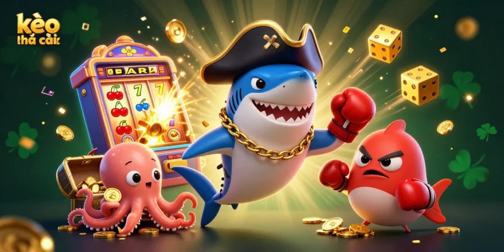 Engage with kèo nhà cái through a vibrant scene with a pirate shark, pufferfish, and octopus amid casino elements.