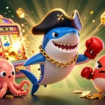 Engage with kèo nhà cái through a vibrant scene with a pirate shark, pufferfish, and octopus amid casino elements.