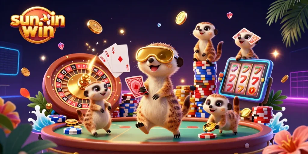 sun-win meerkats oversee a vibrant casino scene filled with gold coins, cards, and chips.