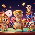 sun-win meerkats oversee a vibrant casino scene filled with gold coins, cards, and chips.