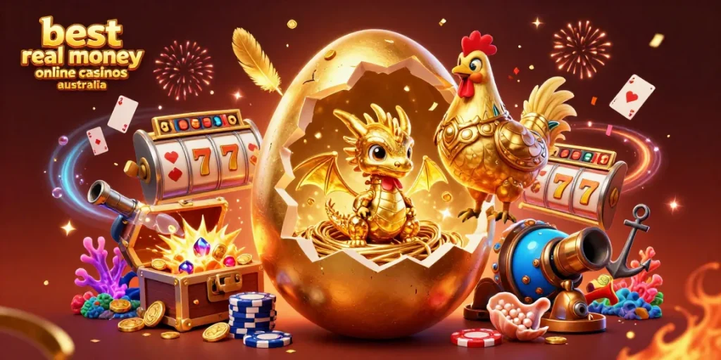 Experience the magic of the best real money online casinos Australia with this vibrant and engaging 3D casino scene.