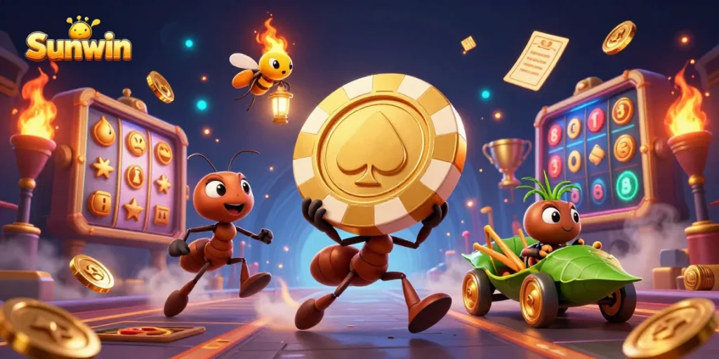Sunwin showcases a unique heist scene with cartoon ants carrying a giant poker chip in a vibrant casino setting.