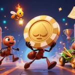 Sunwin showcases a unique heist scene with cartoon ants carrying a giant poker chip in a vibrant casino setting.