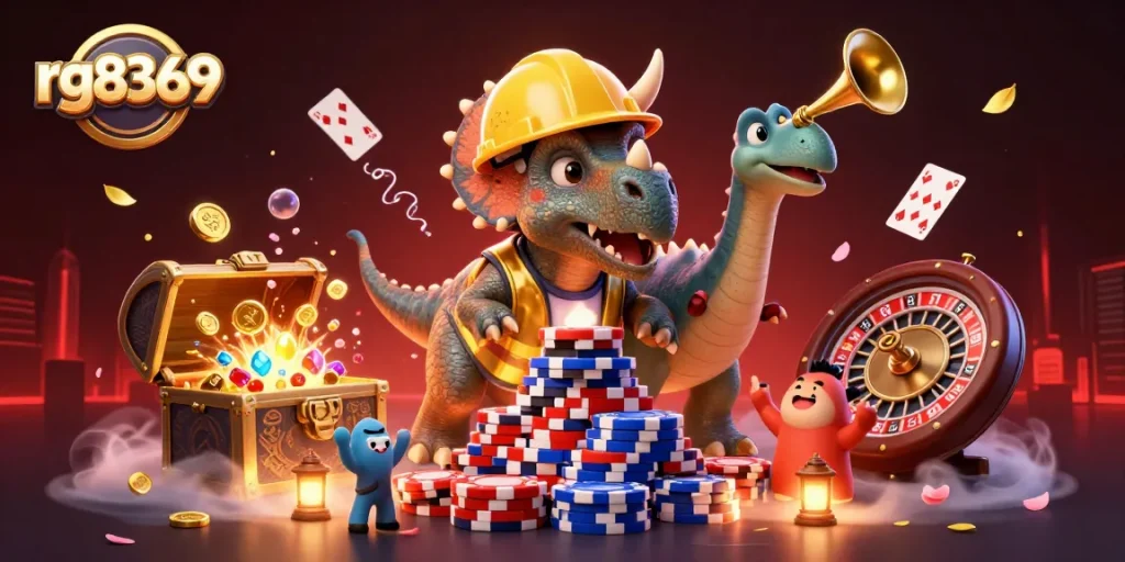Join the excitement at rg8369 as the triceratops celebrates by stacking poker chips in a vibrant casino scene.