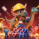 Join the excitement at rg8369 as the triceratops celebrates by stacking poker chips in a vibrant casino scene.
