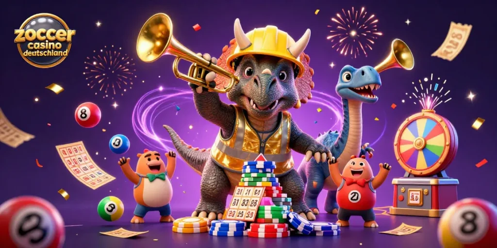 Zoccer Casino Deutschland erleben: Ein Triceratops baut Pokertürme während Parasaurolophus feiert. Hochwertige Casino-Momente!