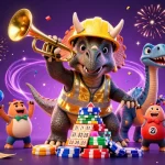 Zoccer Casino Deutschland erleben: Ein Triceratops baut Pokertürme während Parasaurolophus feiert. Hochwertige Casino-Momente!
