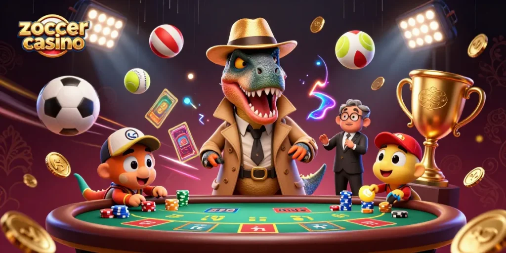 Experience thrilling gameplay at zoccer casino with a colorful scene of mischievous dinosaurs at a blackjack table.