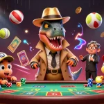 Experience thrilling gameplay at zoccer casino with a colorful scene of mischievous dinosaurs at a blackjack table.