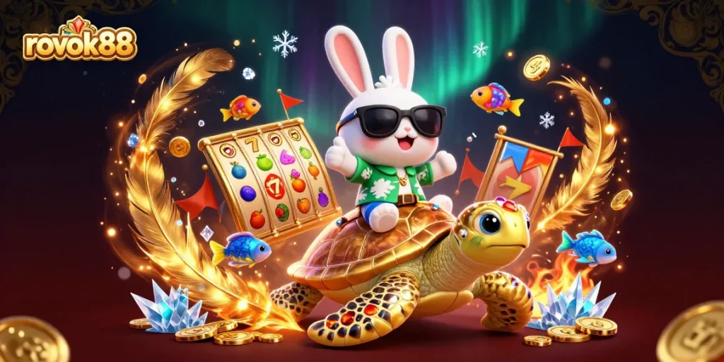 Engage with exciting games at rokok88, featuring a lucky rabbit and golden sea turtle in a vibrant casino scene.