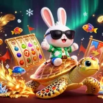 Engage with exciting games at rokok88, featuring a lucky rabbit and golden sea turtle in a vibrant casino scene.
