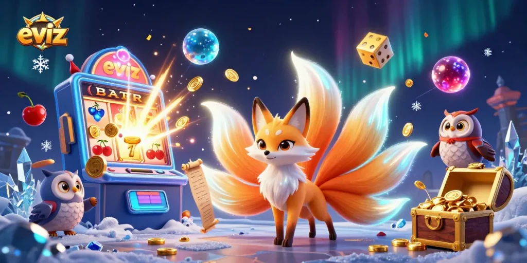 eviz brings dynamic casino excitement with a colorful fox spirit amidst jackpots and gaming elements.