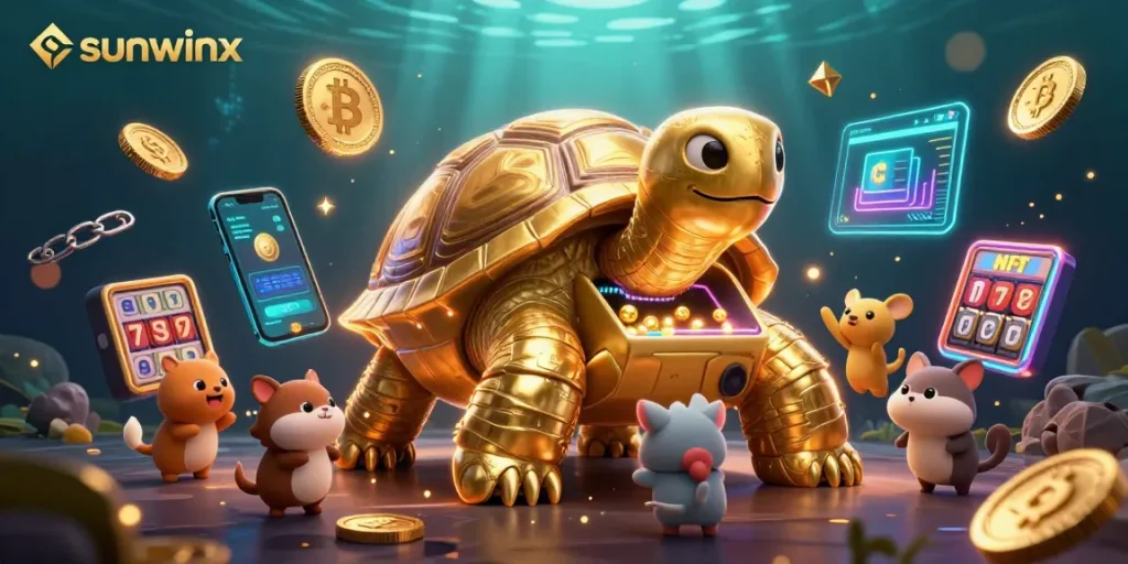 Join the fun at sunwinx with a colossal golden tortoise as a slot machine, vibrant crypto elements all around.