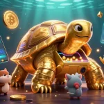 Join the fun at sunwinx with a colossal golden tortoise as a slot machine, vibrant crypto elements all around.