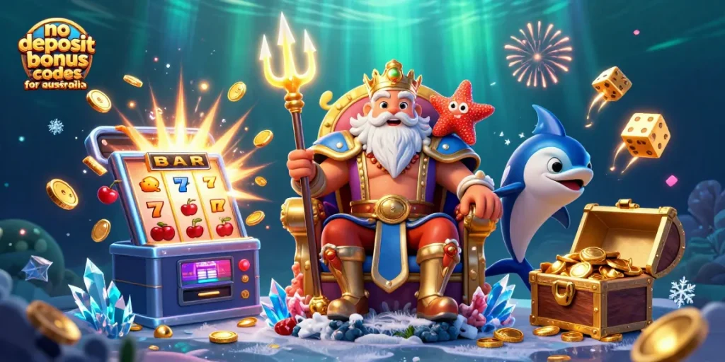 Engage with no deposit bonus codes for Australia through a vibrant 3D illustration of a casino-themed world.