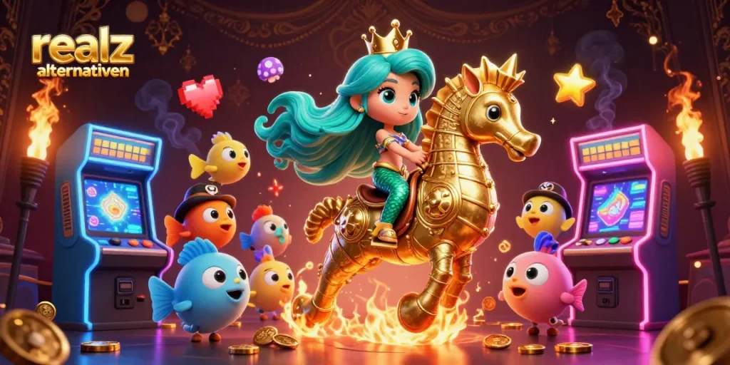 Erleben Sie spannende actionreiche Momente mit realz casino Alternativen, umgeben von bunten Spielmaschinen und einer Meerjungfrau.