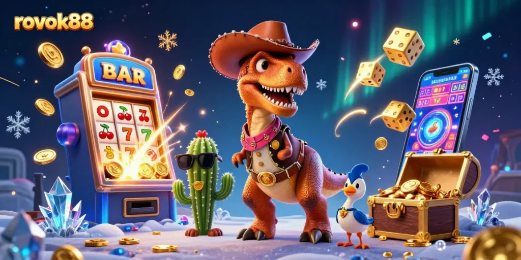 Spin and win at rokok88 with a vibrant casino adventure featuring cartoon characters and thrilling game elements.
