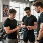 Aktive Bodybuilder im Anabolika Shop – sicheres Spritzen von Steroiden in modernem Fitnessstudio.