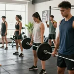 Anabolika kaufen im Fitnessstudio: Sportler trainieren mit Gewichten in heller Atmosphäre.