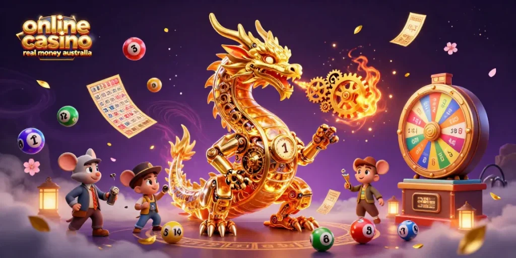 Experience the excitement of online casino real money Australia with a vibrant 3D illustration featuring a golden dragon and casino elements.