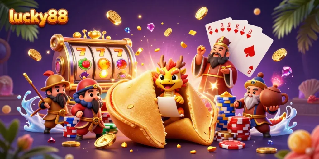 Experience lucky88 with a vibrant 3D scene featuring casino characters and slot machine reels.
