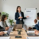 Team in Besprechung, während anonymes Feedback über „chef mobbt mich“ erörtert wird, moderne Büroumgebung, natürliche Lichtverhältnisse.