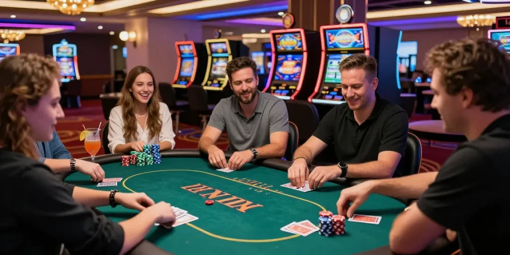 Engaged players at a poker table enjoying swedish casino backlinks experience through vibrant gaming atmosphere.