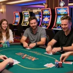 Engaged players at a poker table enjoying swedish casino backlinks experience through vibrant gaming atmosphere.