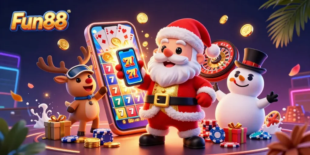 Spin and win with Fun88's festive casino illustration featuring Santa and friends!