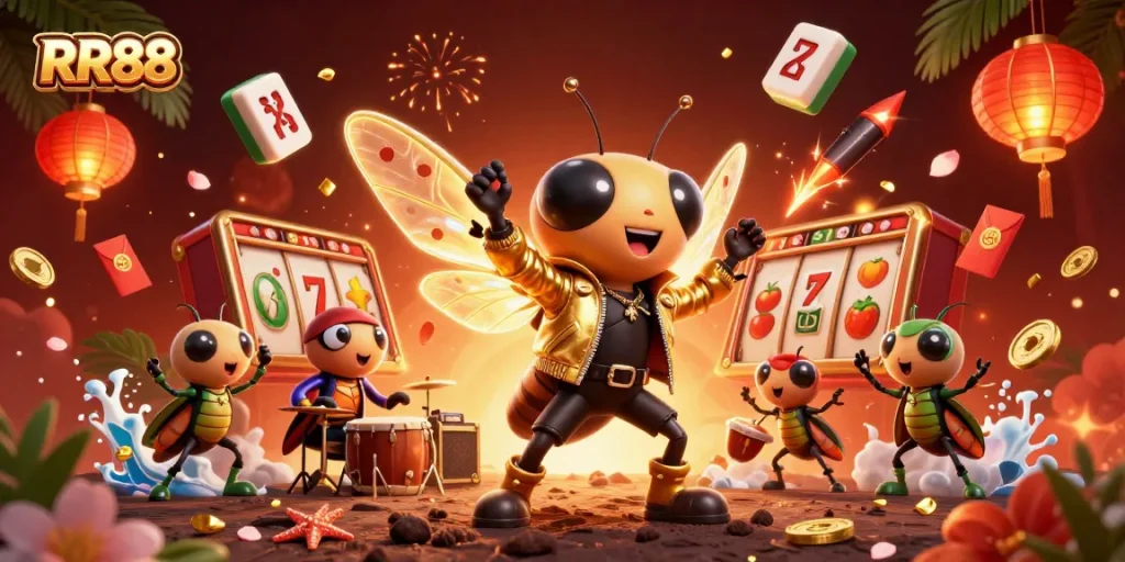 Experience excitement with RR88's electrifying casino scene featuring vibrant game elements.