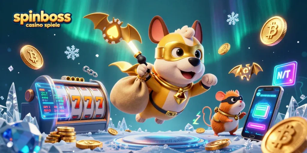 Erlebe die aufregenden SpinBoss Casino Spiele mit diesem dynamischen 3D-Gemälde, das einen Superhelden-Hund zeigt.