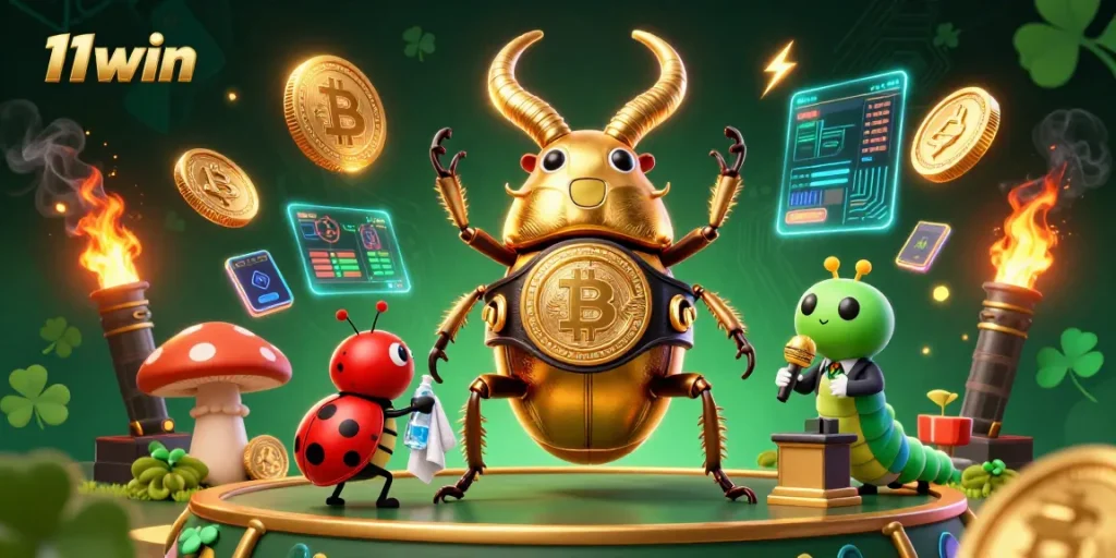 Watch the giant golden stag beetle prepare for battle at 11win, glowing coins and crypto elements surround the scene.