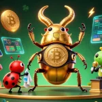 Watch the giant golden stag beetle prepare for battle at 11win, glowing coins and crypto elements surround the scene.