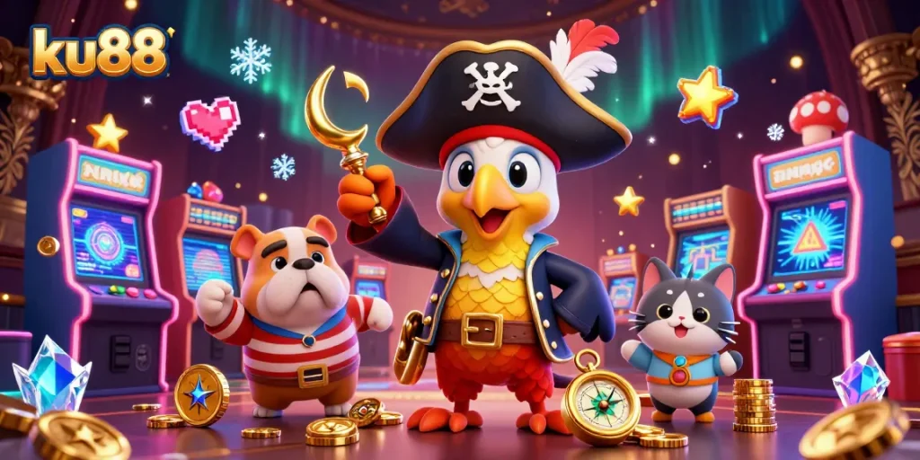 Engage in thrilling gaming at ku88 with a vibrant casino scene featuring a pirate captain and colorful arcade elements.