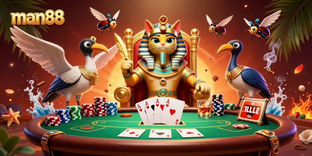 Experience man88 at an energetic poker table with Egyptian-inspired characters and elements.