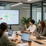 Build internal tools with AI in a vibrant tech office team collaboration scene.