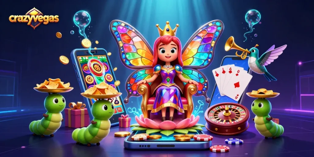 Experience the vibrant world of crazyvegas with a colorful casino scene featuring a butterfly queen and gaming elements.