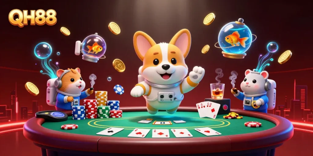 Experience thrilling gameplay at QH88 with a floating space-themed casino scene featuring a corgi and friends.