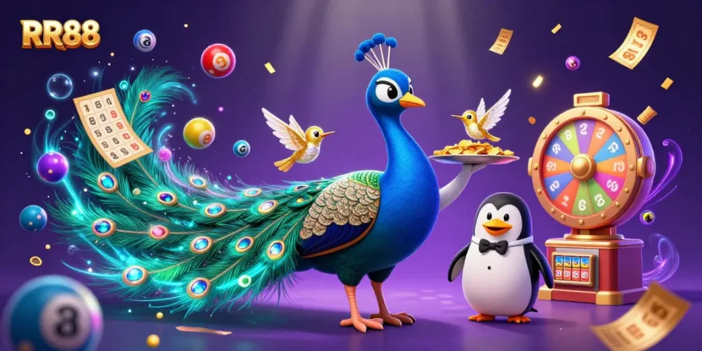 Experience the thrilling excitement of RR88 with vibrant lottery balls and a whimsical casino atmosphere.