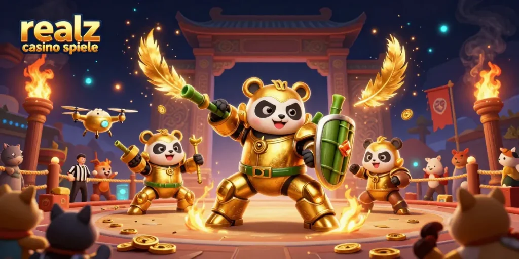 Erlebe spannende realz casino spiele in einer festlichen Arena mit tierischen Zuschauern und aufregenden Spielsymbolen.