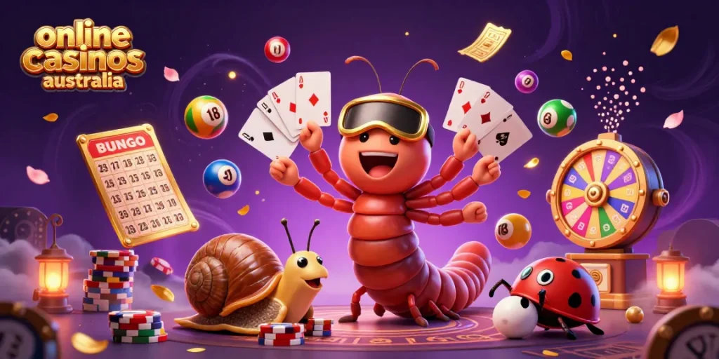 Experience thrilling online casinos Australia with cartoon characters celebrating huge wins with games.