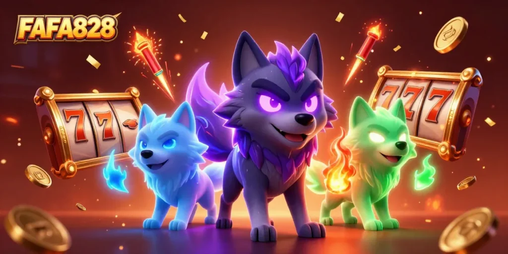 Engage with the thrilling world of FAFA828, where glowing wolf characters celebrate around slot reels and golden coins, enhancing your gaming experience.