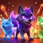 Engage with the thrilling world of FAFA828, where glowing wolf characters celebrate around slot reels and golden coins, enhancing your gaming experience.