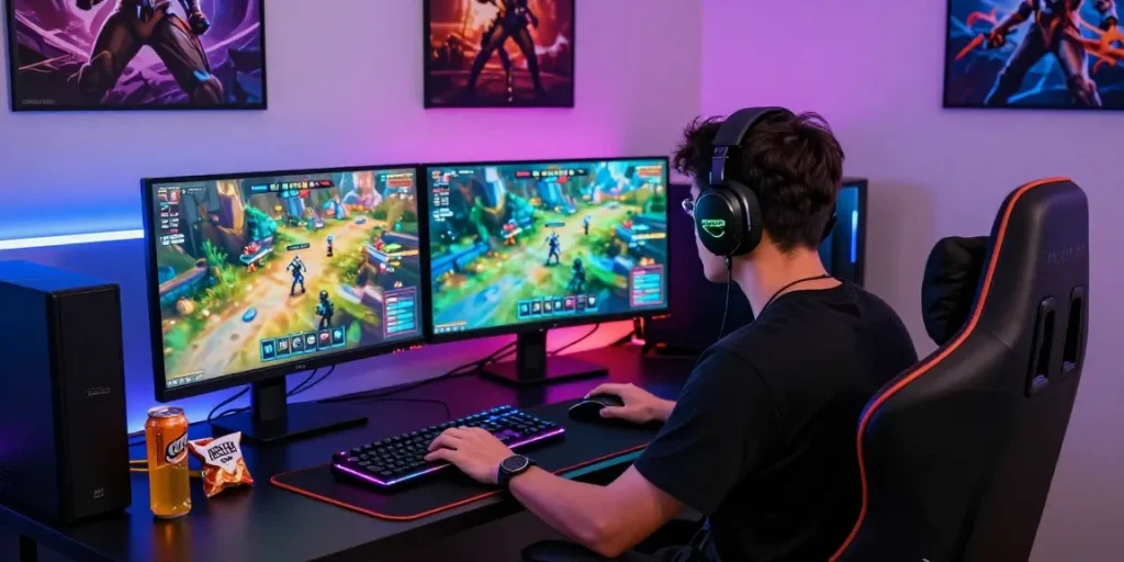 FAFA828 immersive gaming atmosphere with player at dual monitors, RGB lighting, and gaming gear.