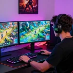 FAFA828 immersive gaming atmosphere with player at dual monitors, RGB lighting, and gaming gear.