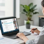 Firma bewerten in einem modernen Büro, mit einem Laptop, der Unternehmensbewertungen anzeigt.