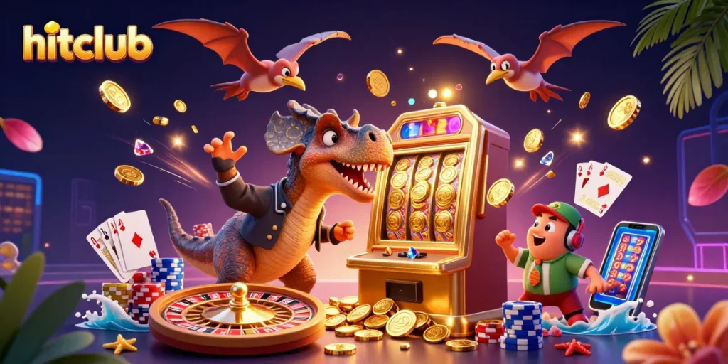Hitclub showcases a dynamic scene with 3D cartoon dinosaurs at a casino winning jackpot coins.