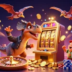 Hitclub showcases a dynamic scene with 3D cartoon dinosaurs at a casino winning jackpot coins.