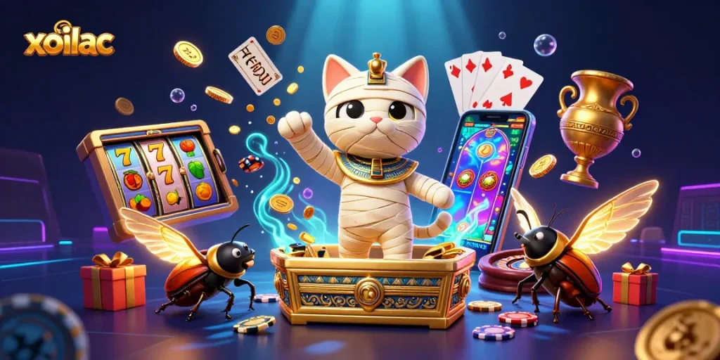 Engage with xoilac's enchanting slot games highlighted by a mummy cat and scarab beetle.